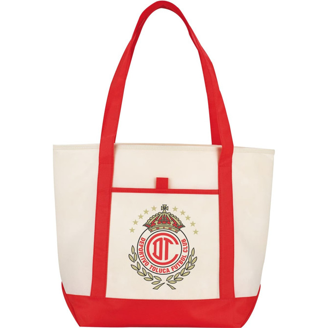 A large cream tote bag with red straps and a logo on the front. Includes an outer pocket.