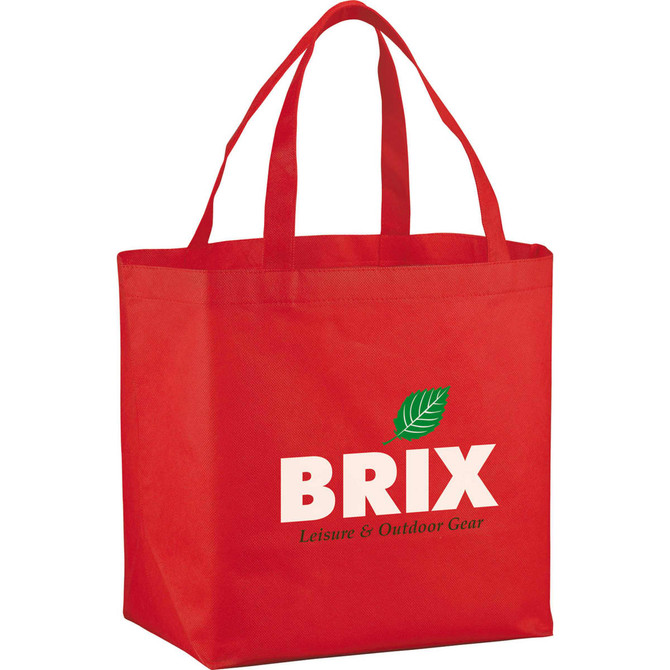 A red non-woven shopper tote bag with two handles and a logo on the front. 