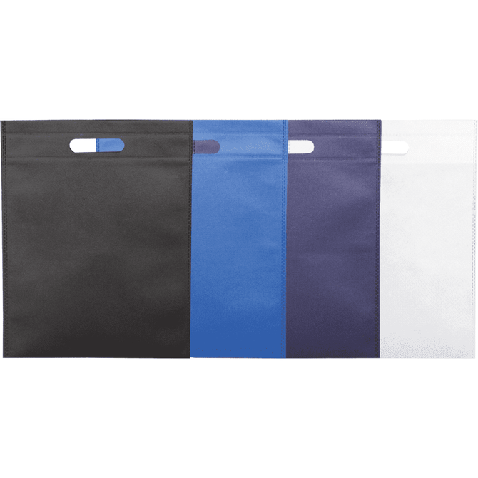 Multiple Freedom Heat Seal Non-Woven Tote bags in black, blue, navy, and white, featuring handles and a logo.