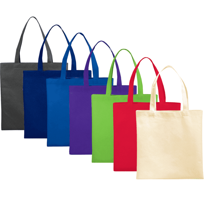 A collection of small non-woven tote bags in various colours: grey, blue, purple, green, red, and cream, each with handles.