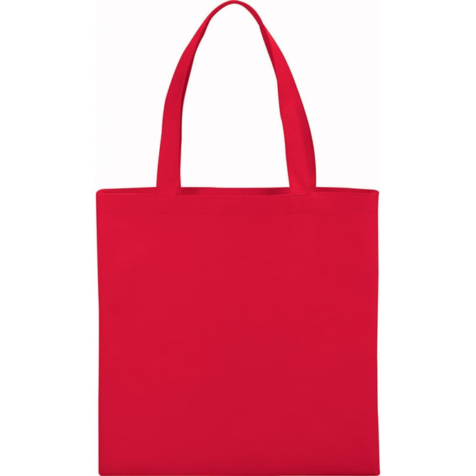 A red non-woven tote bag with two handles and a blank surface, featuring a logo.