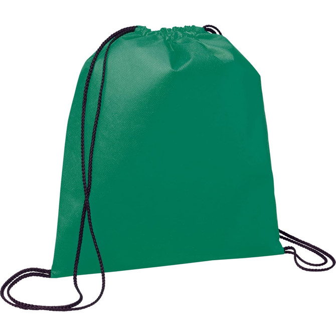 A green non-woven drawstring sportpack with black drawstrings and a simple design. It has a logo on one side.