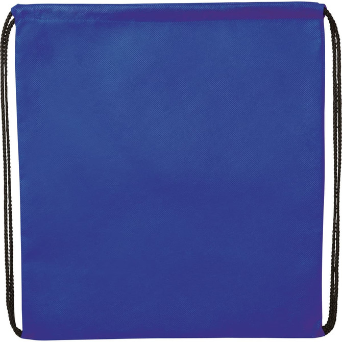 A blue non-woven drawstring sportpack featuring black drawstrings and a plain design with a logo.