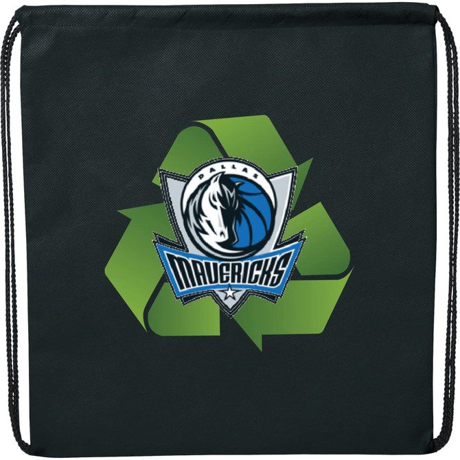 A black drawstring sportpack featuring a logo and a green recycling symbol on one side.
