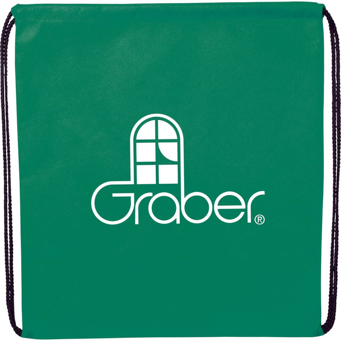 A green non-woven drawstring sportpack with a logo on the front.