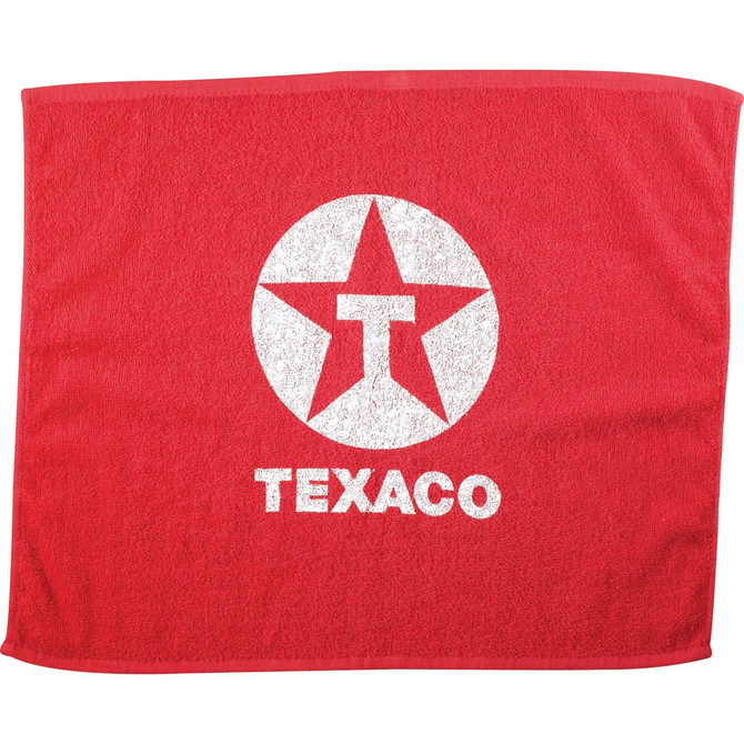 A red gym towel featuring a white star logo and the word "TEXACO". Soft and absorbent material ideal for leisure activities.