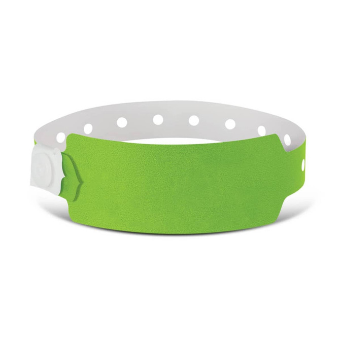 A bright green plastic event wristband with a secure fastener and multiple holes for size adjustment.