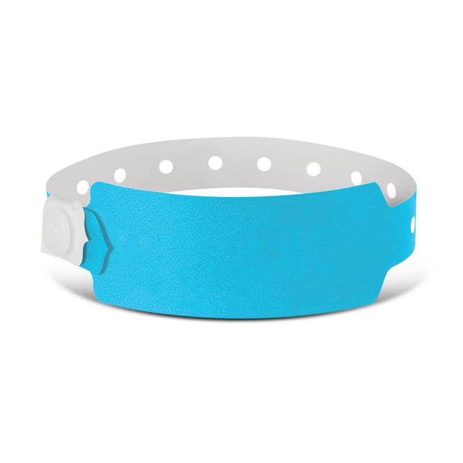 A plastic event wristband in bright blue, featuring a secure snap closure and multiple holes for adjustable sizing.