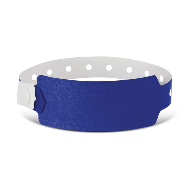 A blue plastic event wristband with a white adjustable section and circular cutouts for fastening.