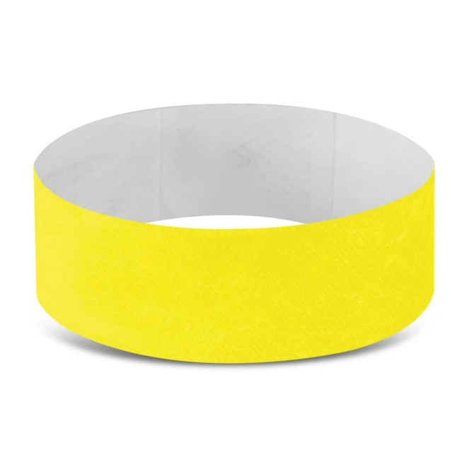 A bright yellow Tyvek event wristband with a smooth texture and a white inner surface, featuring a logo.