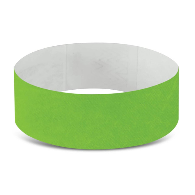 A green Tyvek event wristband designed for exhibitions and events, featuring a textured surface and an adhesive closure.