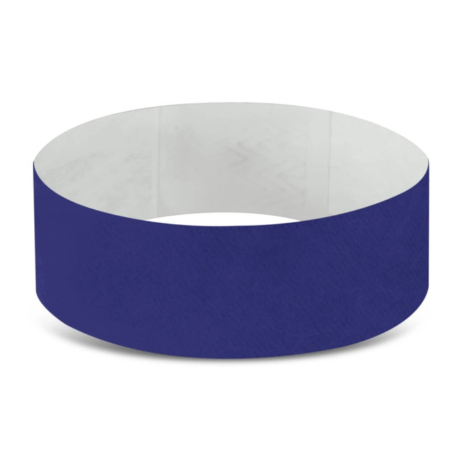 A blue Tyvek event wristband with a smooth, matte finish and a subtle pattern on the inner side.