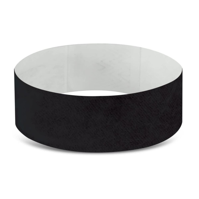 A black Tyvek event wristband featuring a solid design and a logo. Suitable for exhibitions and events.
