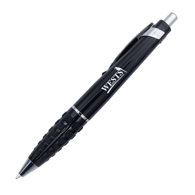 A black metal pen with a textured grip and a silver clip, featuring a logo.