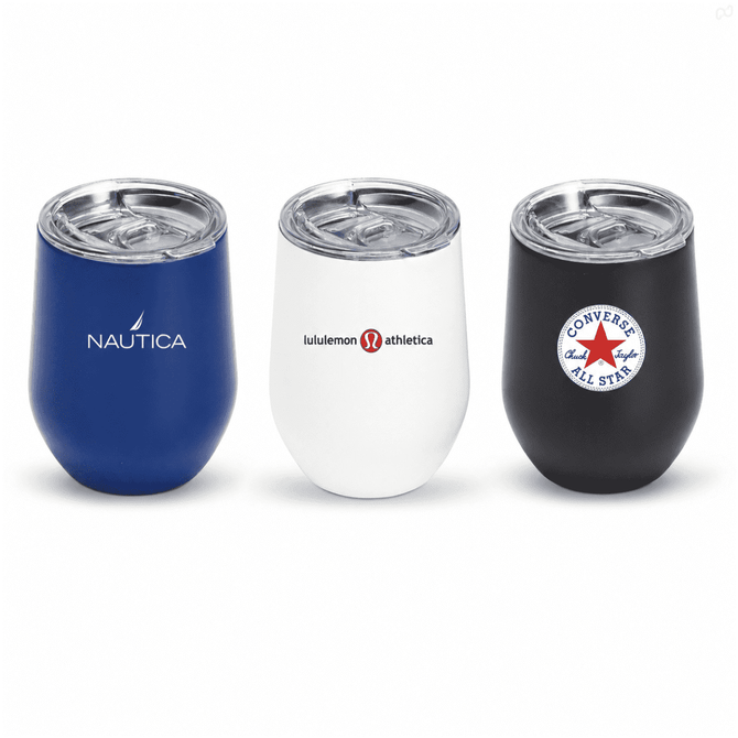 Three insulated mugs with lids in blue, white, and black, featuring different logos.