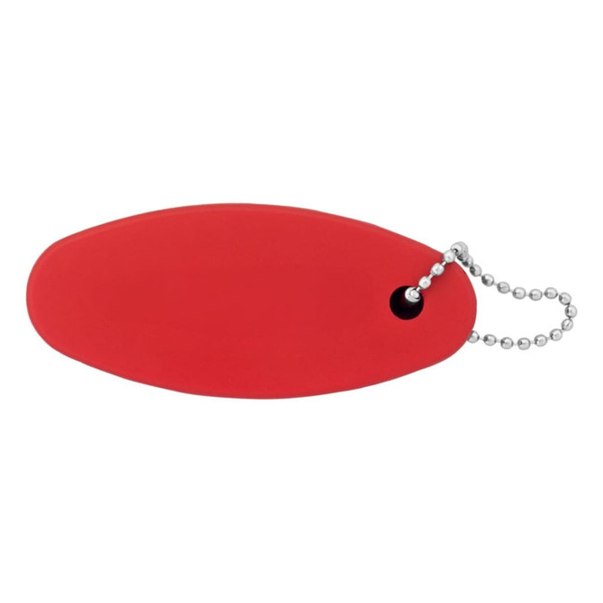 A red floating keychain with a smooth surface and a chain attachment. It features a small logo on one side.