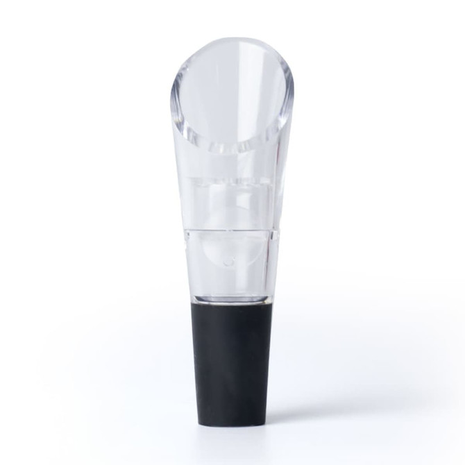A clear aerator with a black base, designed for enhancing wine. Features a smooth, rounded top.