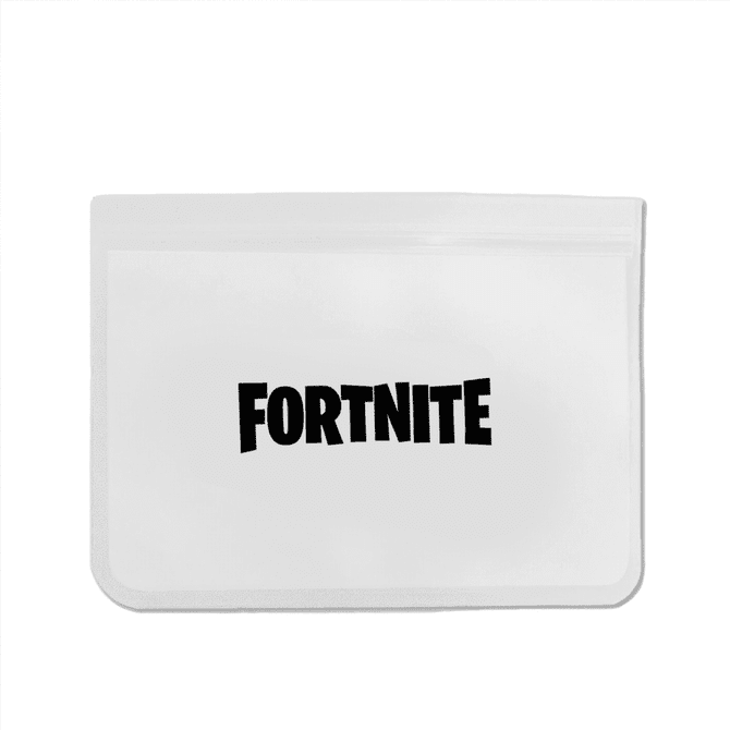 A white reusable food storage bag featuring a black logo. It has a zip closure and rounded corners.