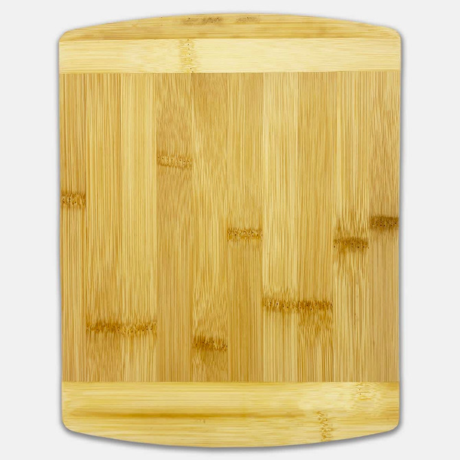 A bamboo cutting board with a smooth surface and rounded edges, featuring a natural wood colour.