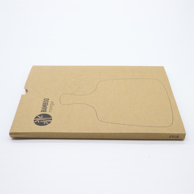 A bamboo cheeseboard set with a knife, packaged in a brown cardboard box featuring a logo.