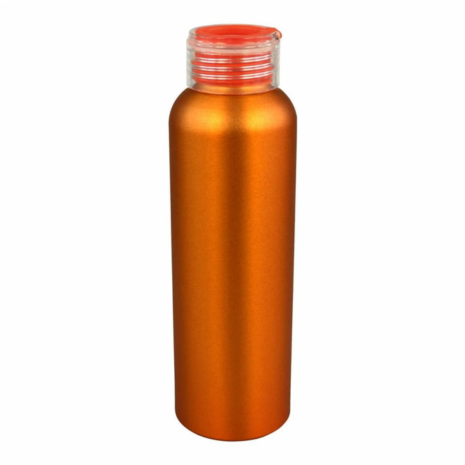 An orange aluminium water bottle with a clear, screw-on lid and a slim design. It features a logo.