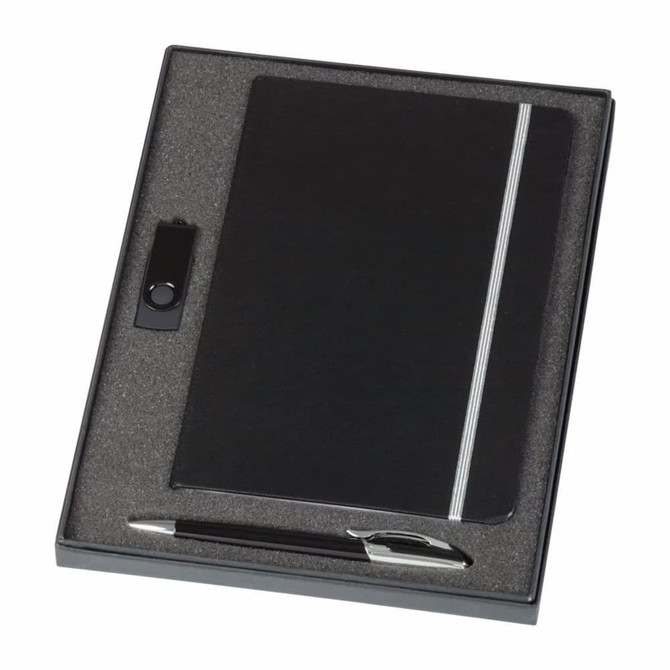 A black notebook with a striped design and a matching black pen, all presented in a gift box.