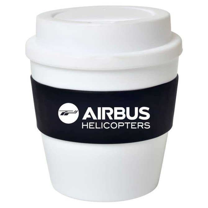 A drink cup in white with a black sleeve and branding. Suitable for beverages.