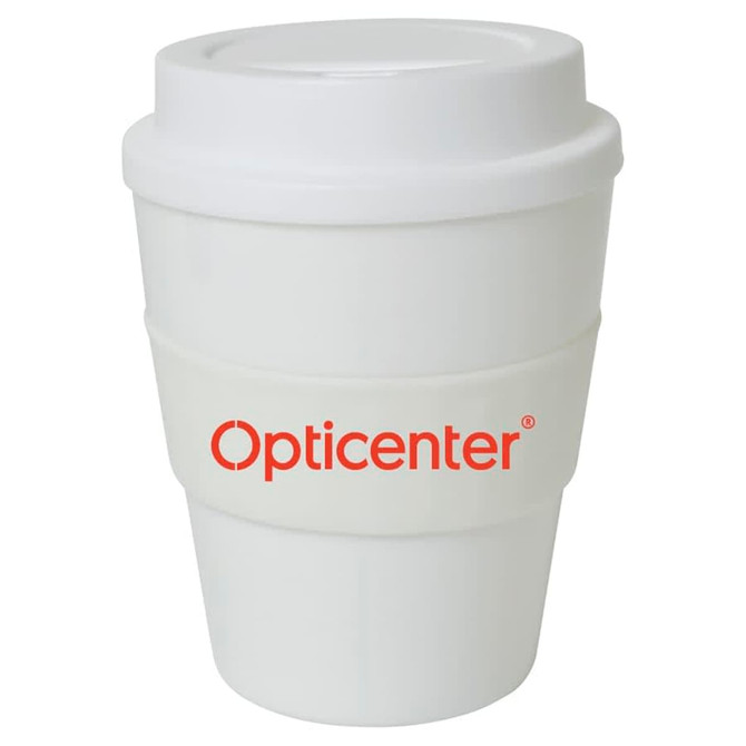 A large white drink cup with a matching lid and a silicone grip, featuring a logo.