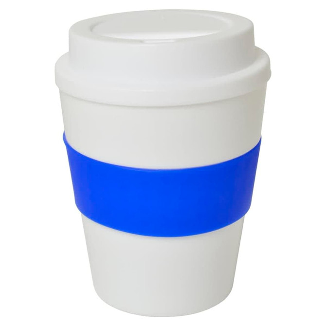 A drink bottle with a white body and a blue silicone band. It features a lid and an attached logo.