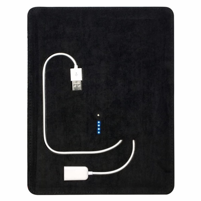A black charging pad with an attached USB cable and LED indicator lights.