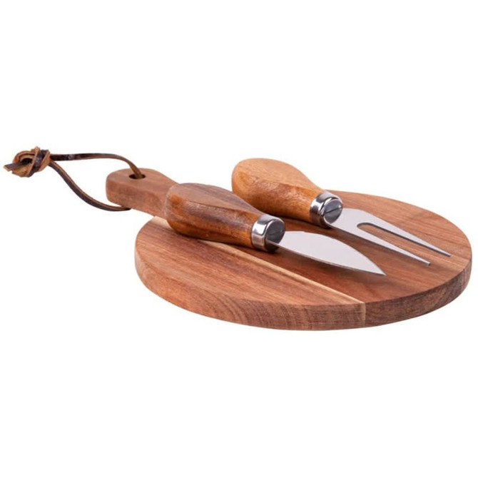 A wooden cheeseboard with a natural finish and two cheese knives, featuring a round shape and leather strap.