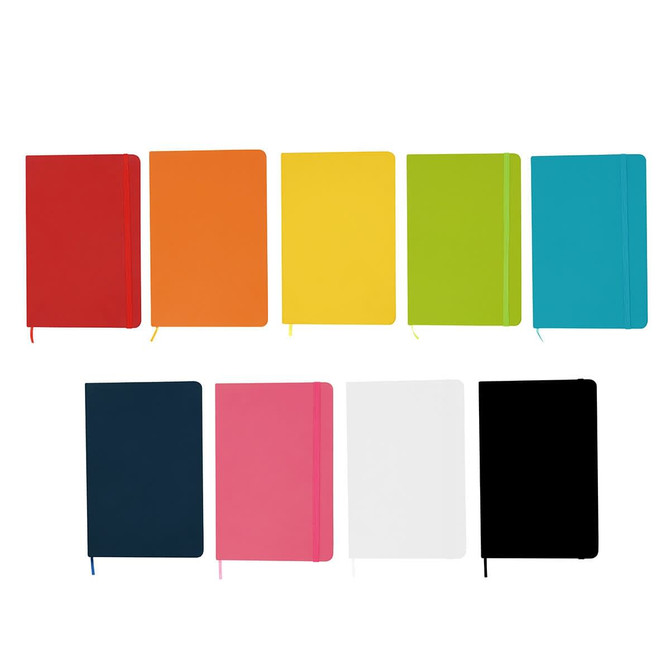 A collection of A5 notebooks in various colours including red, orange, yellow, green, blue, black, pink, and white, featuring a logo.