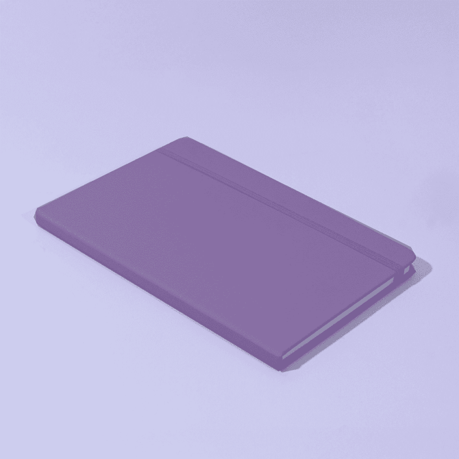 A purple A5 notebook with a textured cover and an elastic band closure, featuring a logo on the front.