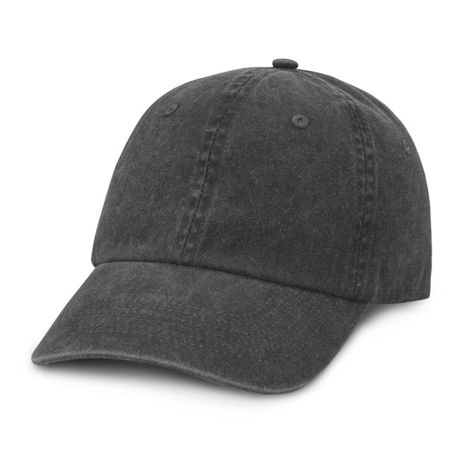 A faded cap in dark grey with a classic six-panel design and a curved brim.