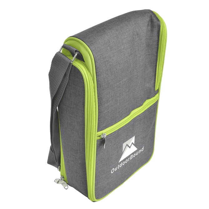 A drink bottle carrier in grey with lime green accents, featuring a shoulder strap and a front zip pocket. A drink bottle carrier in grey with lime green accents, featuring a shoulder strap and a front zip pocket.