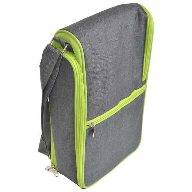 A drink bottle carrier in grey with bright green accents, featuring a zippered front pocket and an adjustable strap. A drink bottle carrier in grey with bright green accents, featuring a zippered front pocket and an adjustable strap.