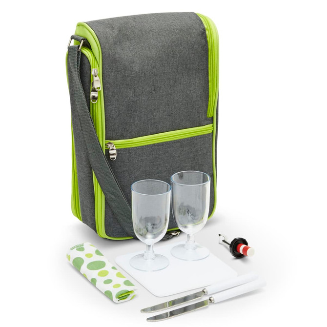 A drink bottle bag in grey with green accents, containing two glasses, a cutting board, a knife, and a corkscrew. A drink bottle bag in grey with green accents, containing two glasses, a cutting board, a knife, and a corkscrew.