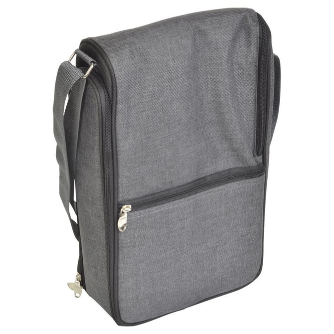 A grey wine sling bag with a zipper and adjustable shoulder strap, featuring a front pocket and a sleek design. A grey wine sling bag with a zipper and adjustable shoulder strap, featuring a front pocket and a sleek design.
