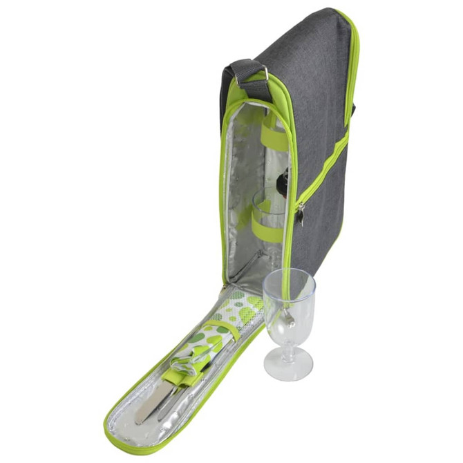 A grey insulated wine sling with bright green accents, includes a wine glass and compartments for bottles. A grey insulated wine sling with bright green accents, includes a wine glass and compartments for bottles.