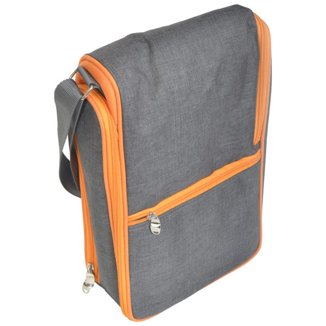 A wine sling in grey fabric with orange accents, featuring a front zip pocket and an adjustable shoulder strap. A wine sling in grey fabric with orange accents, featuring a front zip pocket and an adjustable shoulder strap.