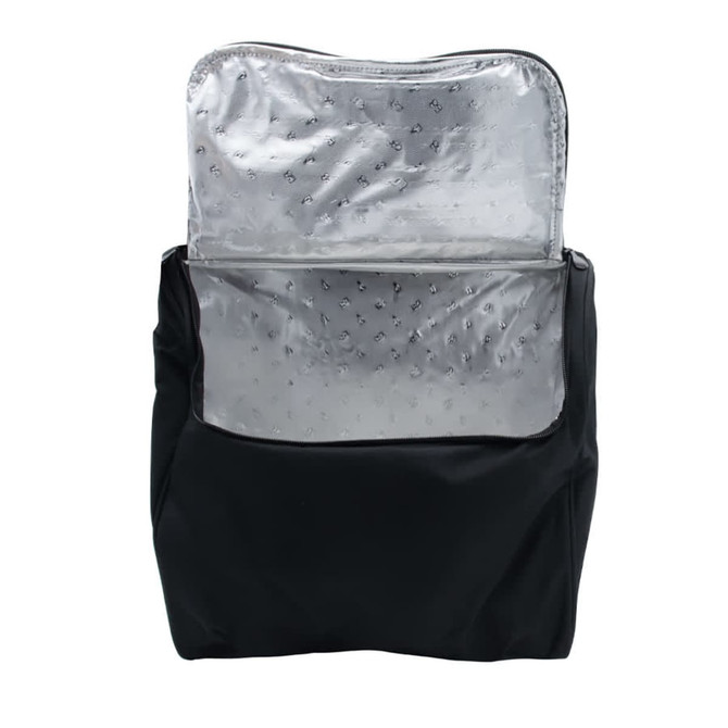 A black picnic basket with a silver insulated lining, featuring a pocket at the back. Includes a logo.