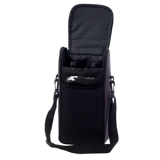 A drink bottle cooler bag in black, designed to hold two bottles, features a zippered top and an adjustable strap.