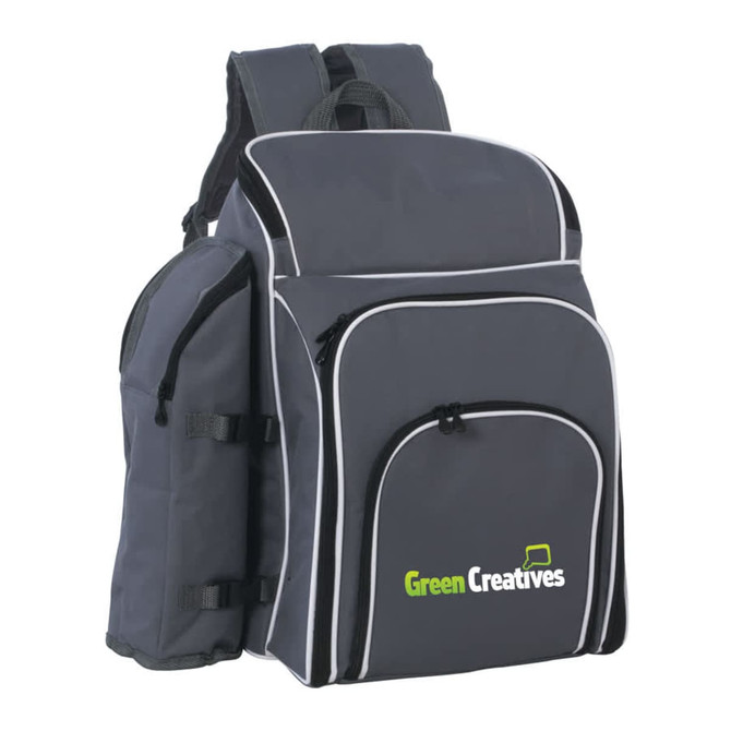 A grey picnic backpack with multiple compartments and a side pocket, featuring a logo.