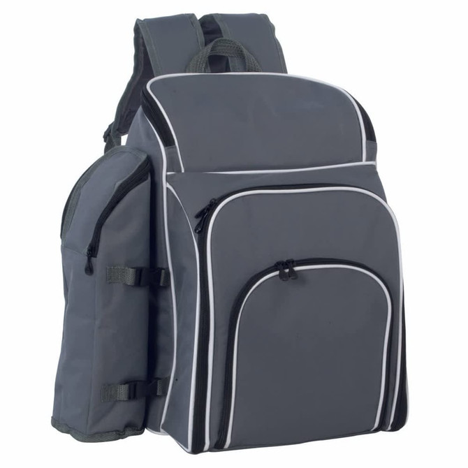 A grey picnic backpack with multiple compartments, zippers, and a side drink bottle holder. Features branding.