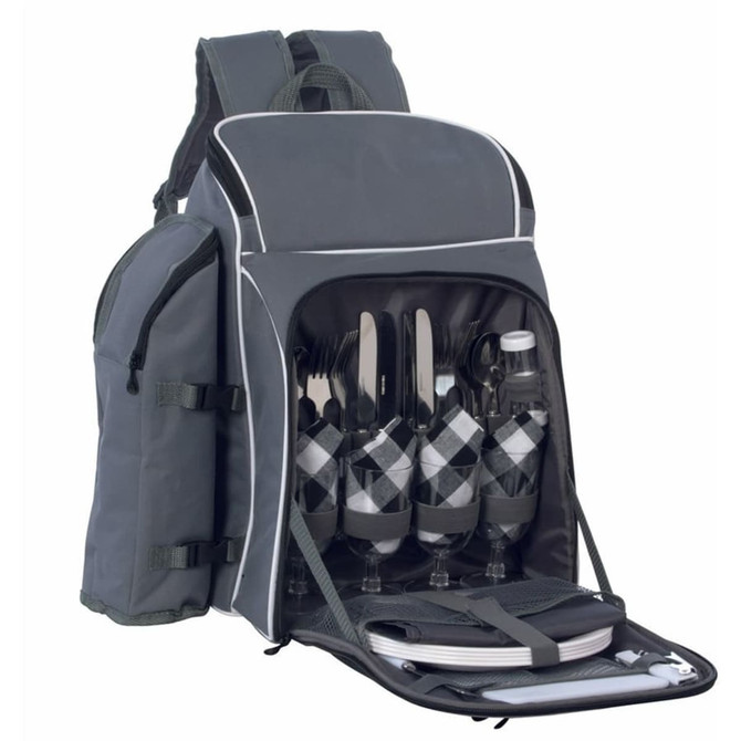 A grey picnic backpack with plates, glasses, cutlery, and drink bottles neatly arranged inside.