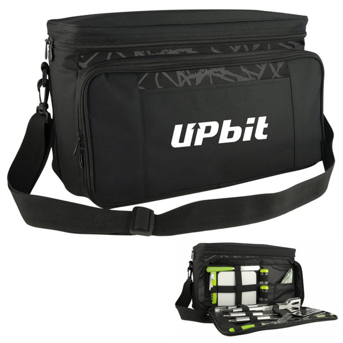 A black picnic bag with a shoulder strap, featuring compartments for utensils and tools, and a logo on the front.