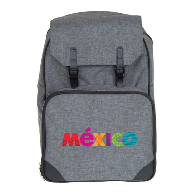 A grey backpack with two front straps and a colourful logo featuring the word "México" on the front pocket.