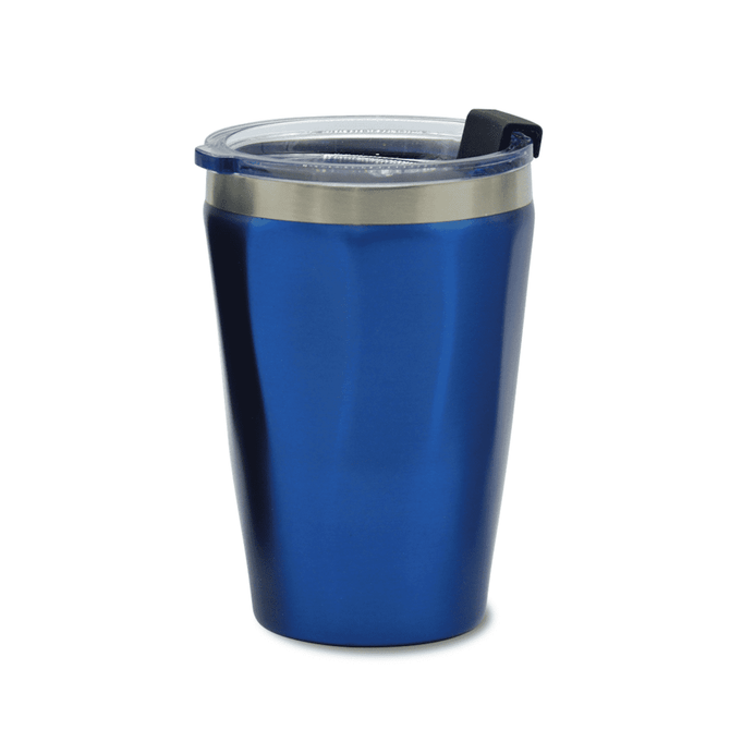 A drink bottle in a blue finish with a stainless steel band and a clear lid, featuring a logo.