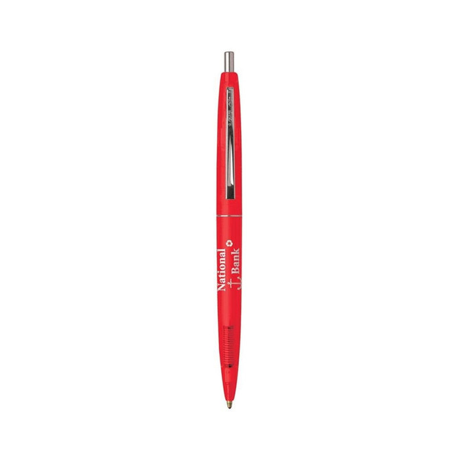 A red Eco Clear Clics pen with a transparent barrel and a logo on the side.
