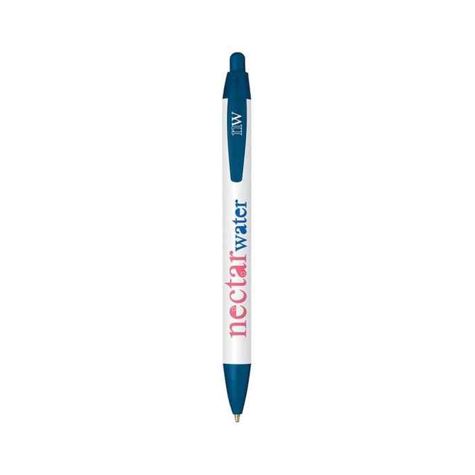 A blue and white Eco Widebody Pen with a logo, featuring a click top and a smooth barrel for writing.